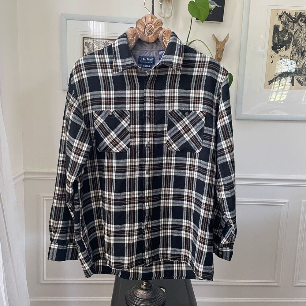John Blair Black Tan Plaid Button Shirt L